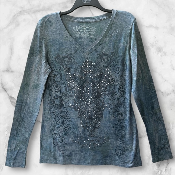 Green Source Y2K Studded Embelished V Neck Paisley Tunic Top Rock Grunge Size L - Picture 2 of 9